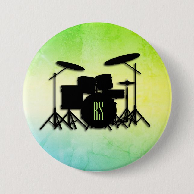 Monogram Drum Set Green 3 Inch Round Button (Front)