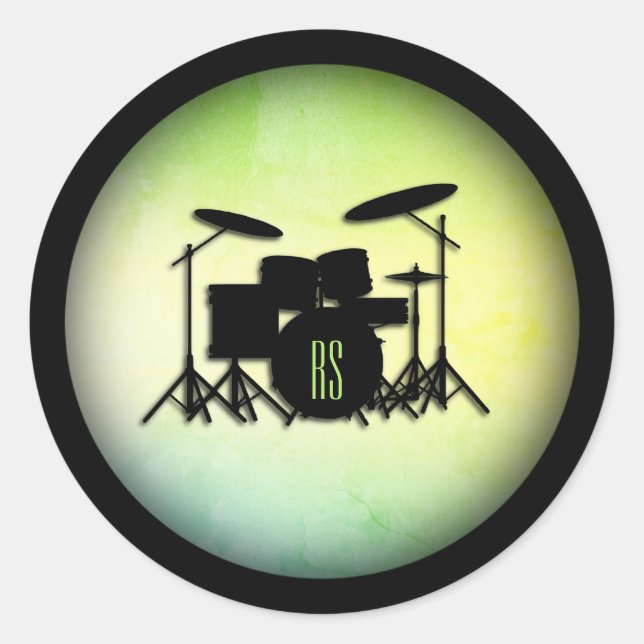 Monogram Drum Set Green Classic Round Sticker (Front)