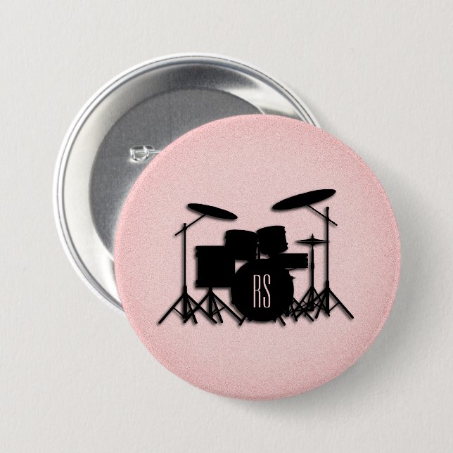 Monogram Drum Set Music Design Pink  3 Inch Round Button (Front & Back)