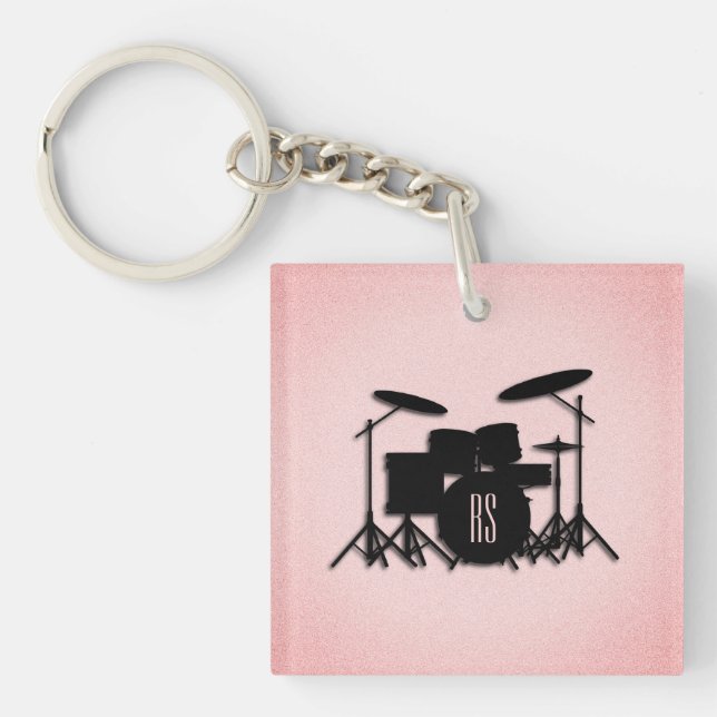 Monogram Drum Set Music Design Pink  Keychain (Front)