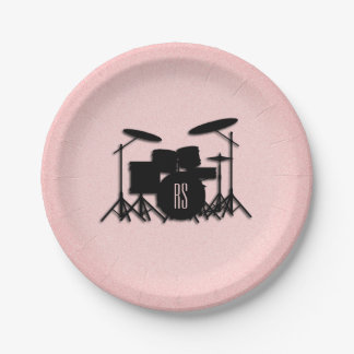 Monogram Drum Set Music Design Pink Paper Plate