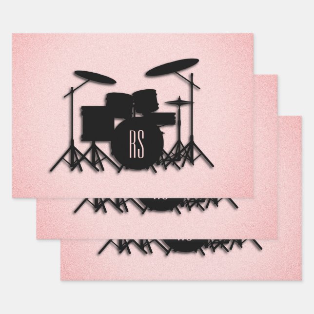 Monogram Drum Set Music Design Pink  Wrapping Paper Sheet (Set)