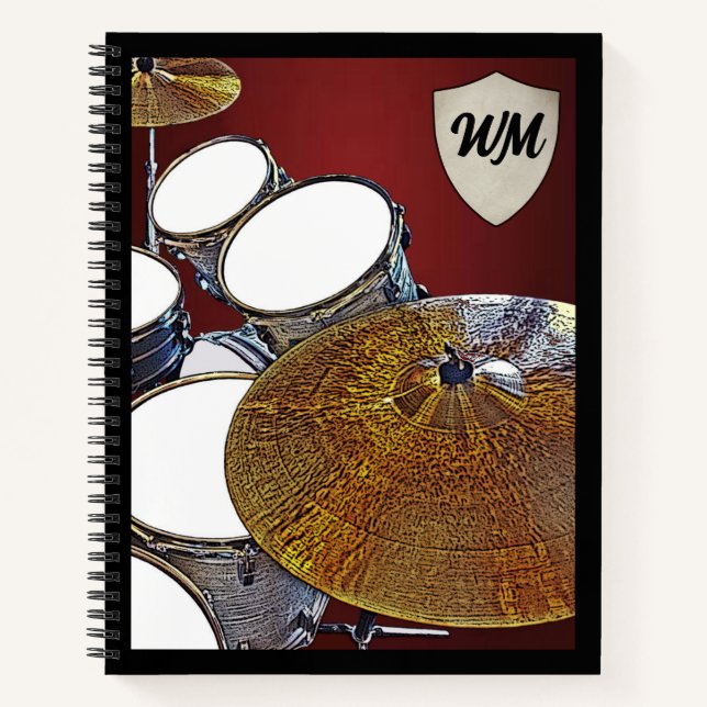 Monogram Drummer Custom Drum Kit Rock & Roll Music Notebook (Front)