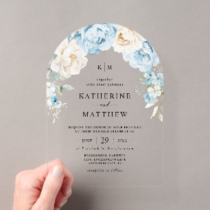 Monogram Dusty Blue Champagne Ivory Floral Wedding Acrylic Invitations