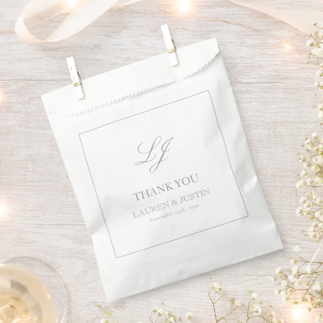 Monogram Dusty Blue Elegant Thank You Wedding Favour Bag (Clipped)