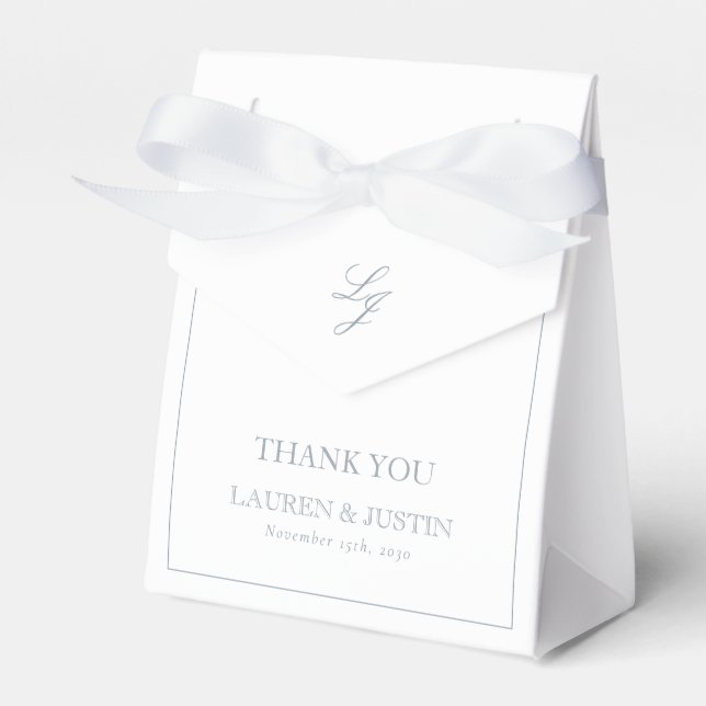 Monogram Dusty Blue Elegant Wedding Thank You Favor Box (Front Side)