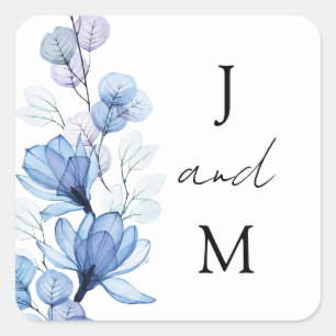 Monogram Dusty Blue Floral Wedding Favour Square Sticker