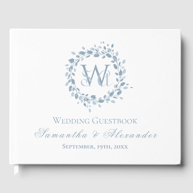 Monogram Dusty Blue Floral Wreath Wedding Guest Book (Front)