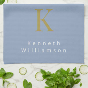 Monogram Dusty Blue Gold White Modern Minimal Men Kitchen Towel