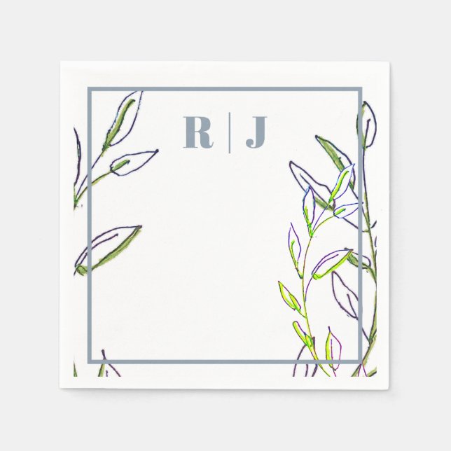 Monogram Dusty Blue Green Leaves Artsy Wedding Napkin (Front)