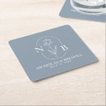 Monogram Dusty Blue Minimalist Elegant Wedding Square Paper Coaster<br><div class="desc">Monogram Dusty Blue Minimalist Elegant Wedding Square Paper Coaster. (monogram vector designed by pikisuperstar - Freepik)</div>