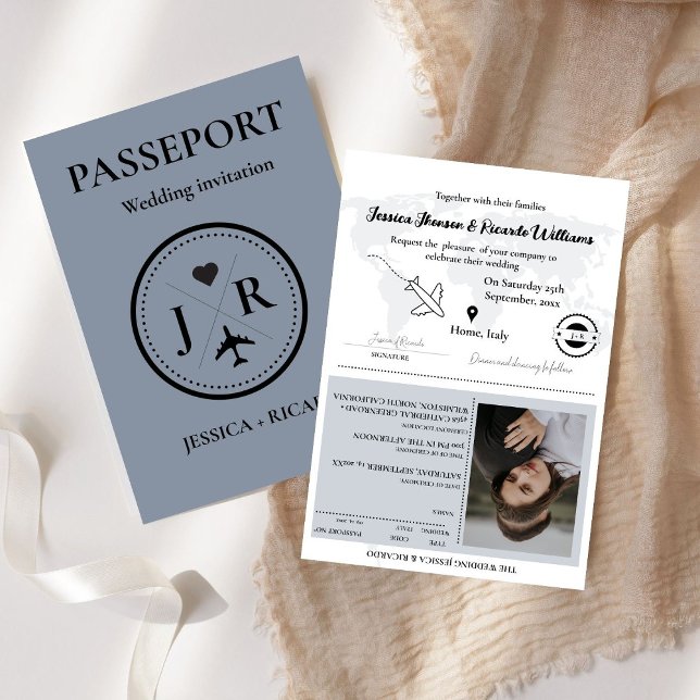 Monogram Dusty Blue passport Destination wedding  Invitation (Creator Uploaded)