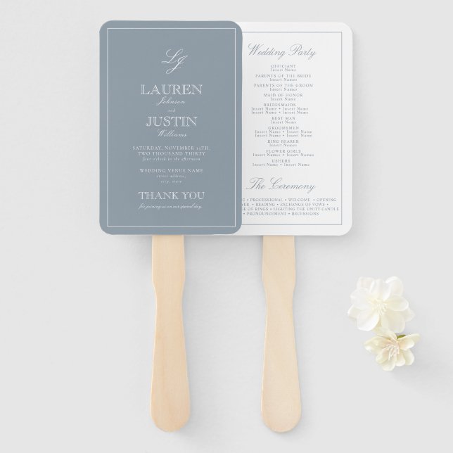 Monogram Dusty Blue Script Modern Wedding Program Hand Fan (Front and Back)