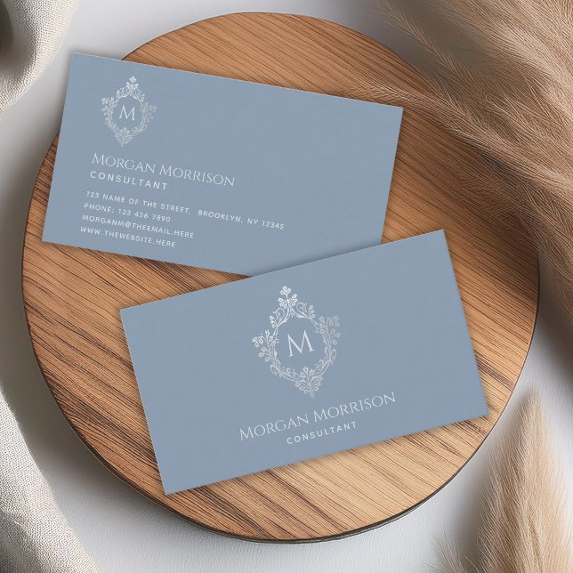 Monogram Dusty Blue Vintage Crest Elegant Initial Business Card (Creator Uploaded)