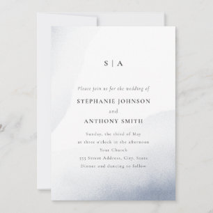 Monogram Dusty Blue Watercolor Wash Wedding Invitation