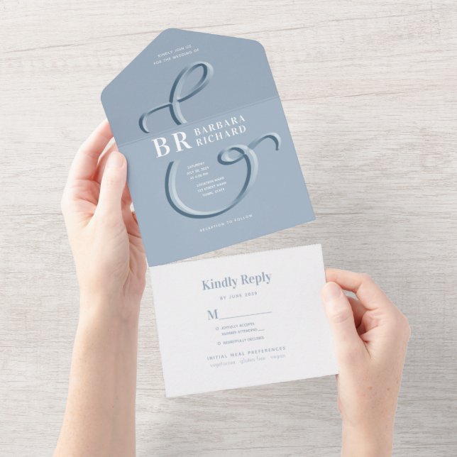 Monogram Dusty Blue Wedding All In One Invitation (Tearaway)