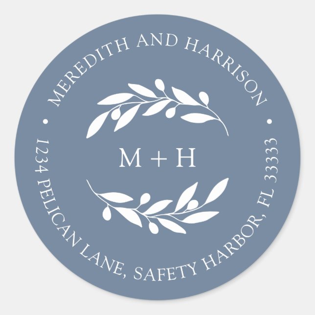 Monogram Dusty Blue Wedding Return Address Classic Round Sticker (Front)