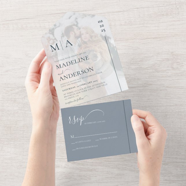 Monogram Dusty Blue With Overlay Photo Wedding All In One Invitation (Tearaway)