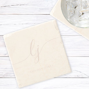 Monogram Dusty Ivory Pink Script Simple Elegant Stone Coaster