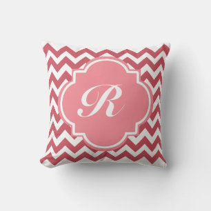 Monogram Dusty Rose and Deep Red Chevron Throw Pillow