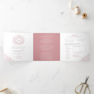 Monogram dusty rose leaves wedding all-in-one Tri-Fold invitation