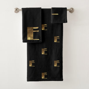 Monogram E Black and Gold Look Elegant Typography Bath Towel Set
