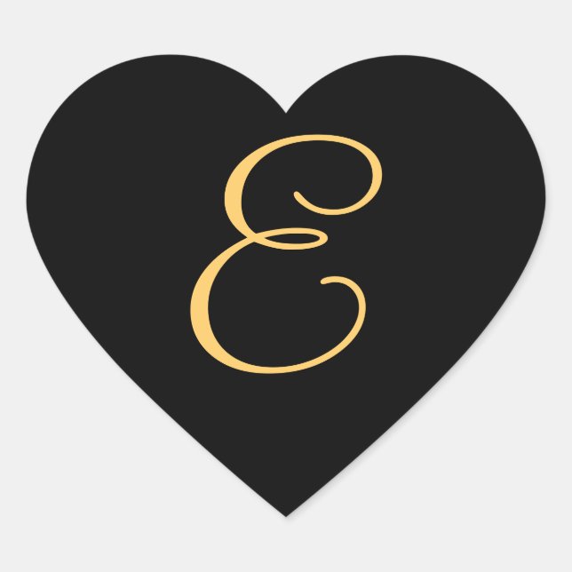 Monogram E,  gold coloured initial E on black,  Heart Sticker (Front)