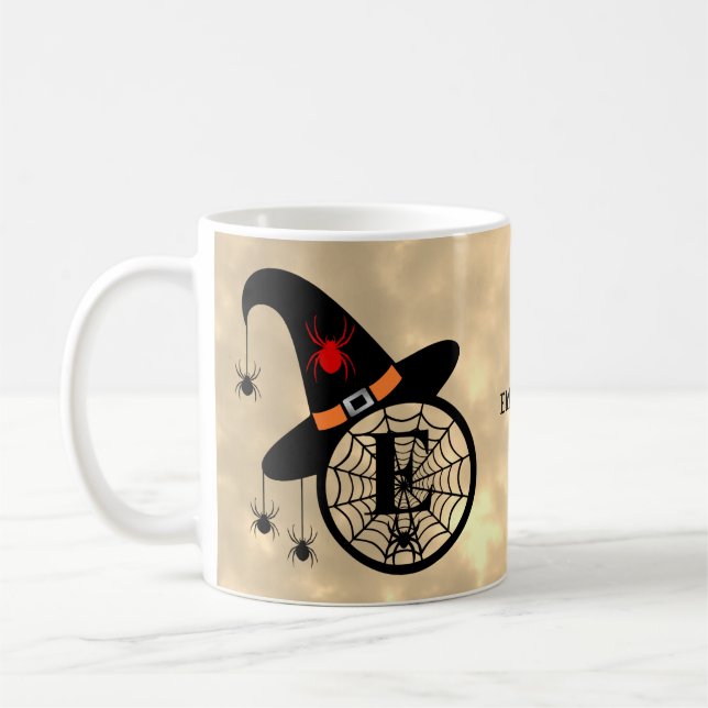 Monogram E Halloween Sky Witch Spiders Name Coffee Mug (Left)