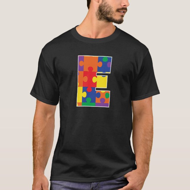 Monogram E in Multi Color Puzzle Pieces T-Shirt (Front)