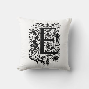 Monogram E Initial Black and White Floral Pattern Throw Pillow