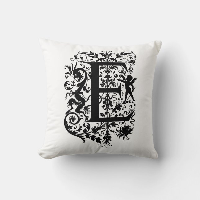 Monogram E Initial Black and White Floral Pattern Throw Pillow (Front)
