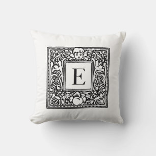 Monogram E Initial Black and White Floral Pattern Throw Pillow