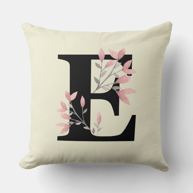 Monogram E with Pink Floral Sprays Throw Pillow (Front)