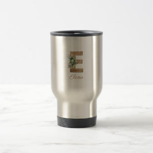 Monogram E wood letter red flower Travel Mug