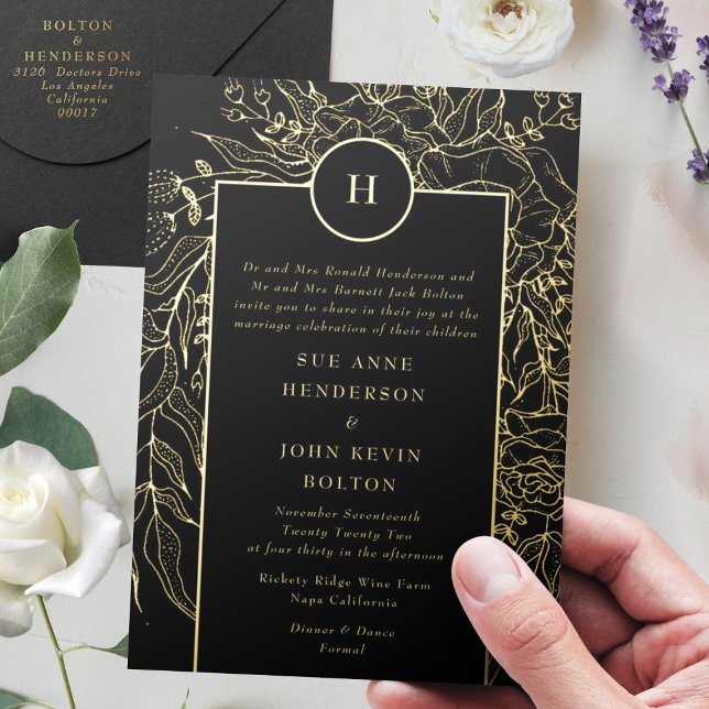 Monogram Editable Black Tuxedo Gold Wreath Wedding (Invitation showcasing suite - additional items (bought separately))