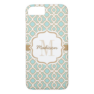 Monogram Eggshell Blue and Gold Quatrefoil iPhone 8/7 Case