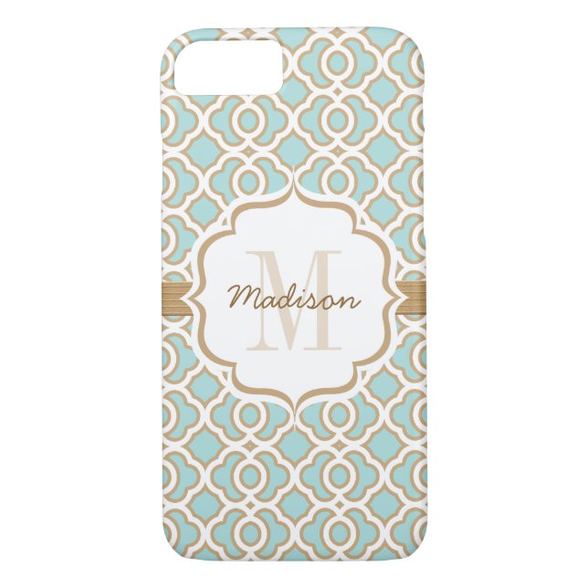 Monogram Eggshell Blue and Gold Quatrefoil Case-Mate iPhone Case (Back)
