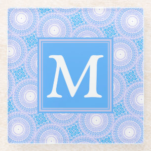 Monogram Electric blue circles pattern Glass Coaster