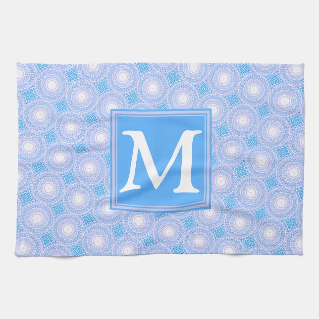 Monogram Electric blue circles pattern Kitchen Towel (Horizontal)