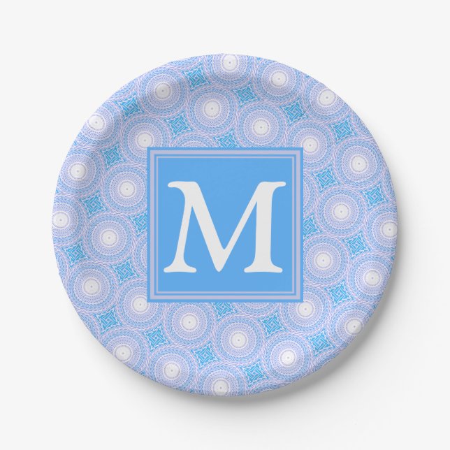 Monogram Electric blue circles pattern Paper Plate (Front)