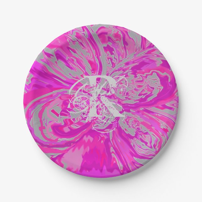 Monogram Elegant Abstract Fuchsia Pink Floral Paper Plate (Front)