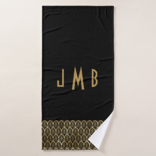 Monogram Elegant Black and Gold Art Deco Gatsby Bath Towel