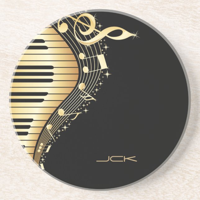 Monogram Elegant Black And Gold Music Notes Design Coaster (Front)
