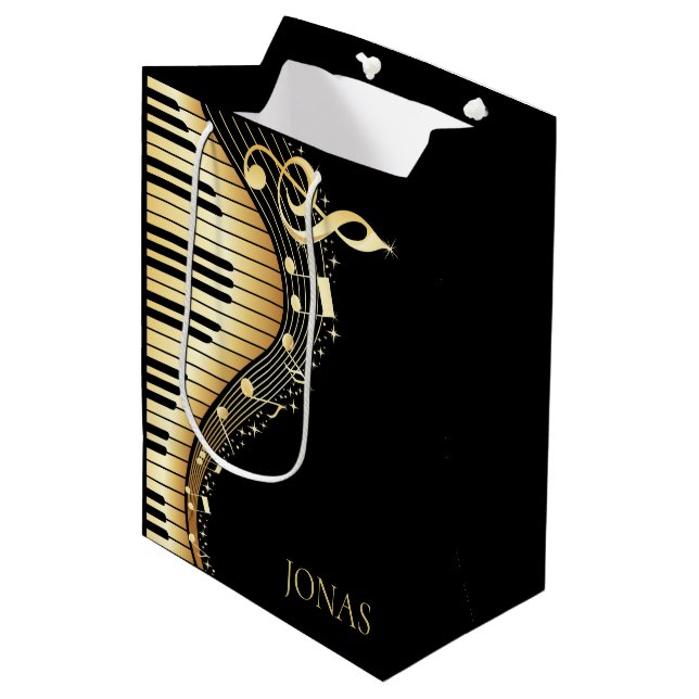 Monogram Elegant Black And Gold Music Notes Design Medium Gift Bag (Front Angled)