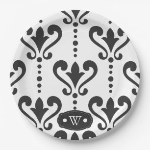 Monogram Elegant Black and White Damask Paper Plate