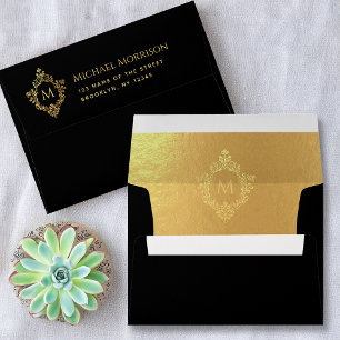 Monogram Elegant Black Faux Gold Crest and Address Envelope