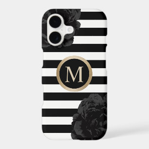 Monogram Elegant Black Floral Modern Stripes