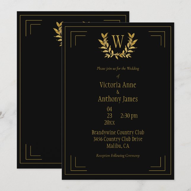 Monogram Elegant Black Gold Leaf Wedding Invitation (Front/Back)