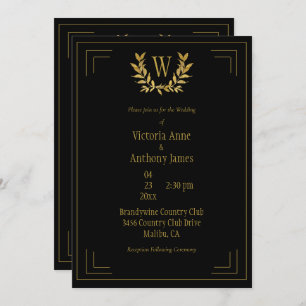 Monogram Elegant Black Gold Leaf Wedding Invitation