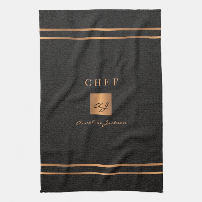 Monogram elegant black gold name script chef kitchen towel (Vertical)